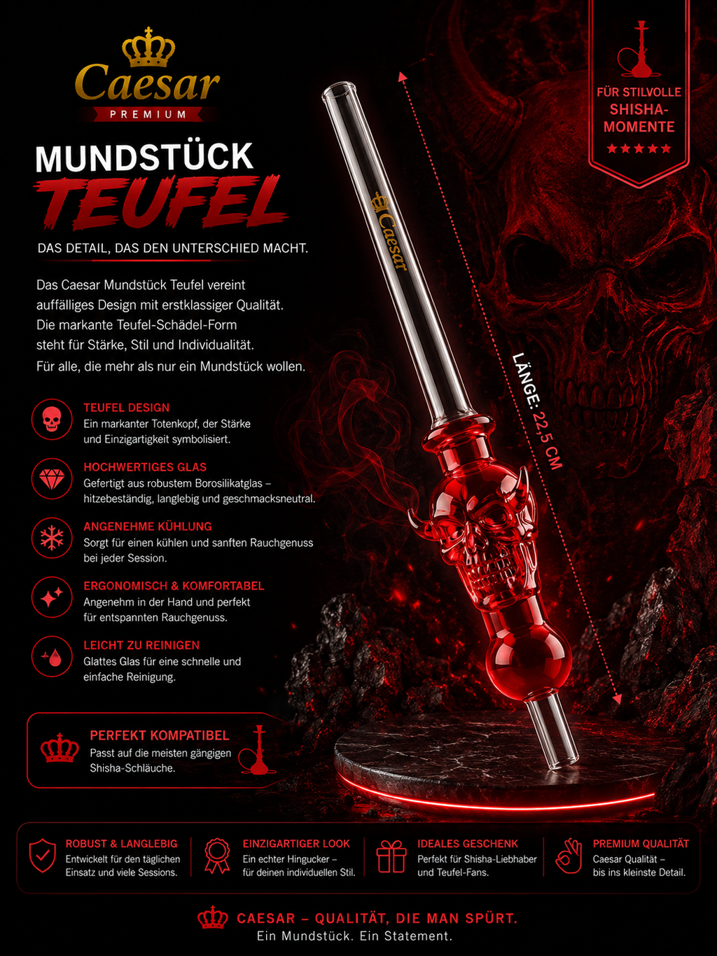 Caesar Glas Mundstück Totenkopf Rot 50 cm