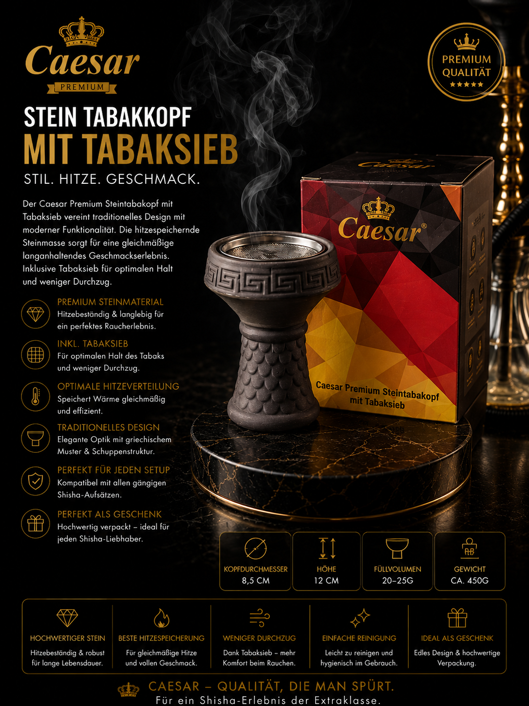 Caesar Premium Steintabakkopf mit Tabaksieb für Shisha