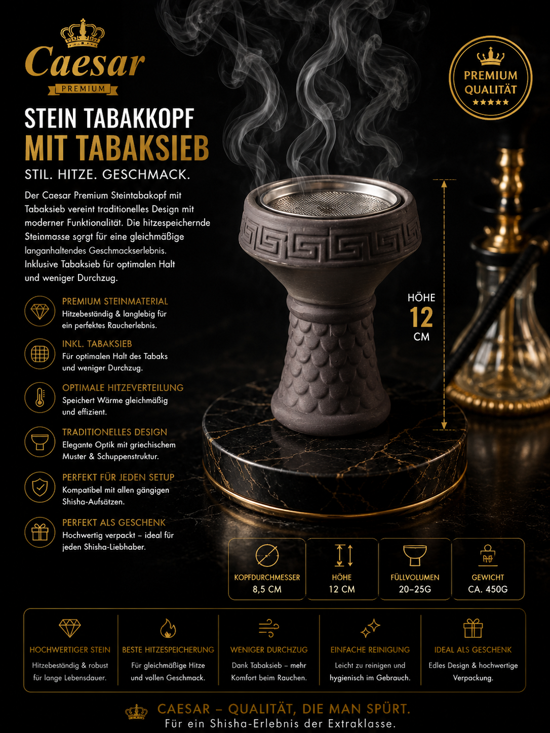 Caesar Premium Steintabakkopf mit Tabaksieb für Shisha