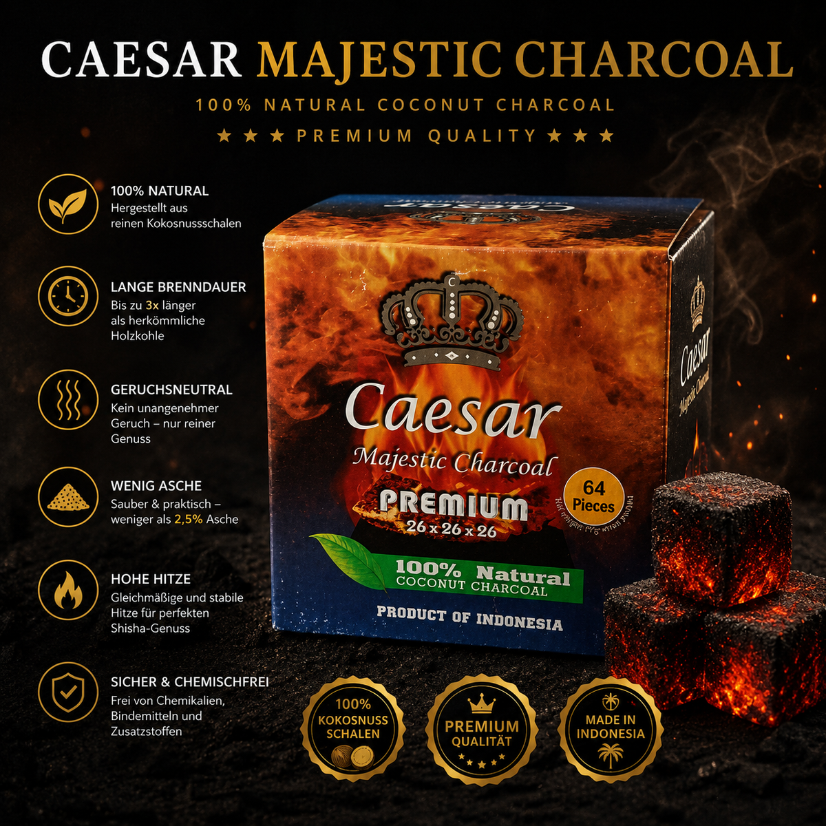 Caesar Premium Kokosnusskohle 26 mm – 1 KG (64 Würfel)