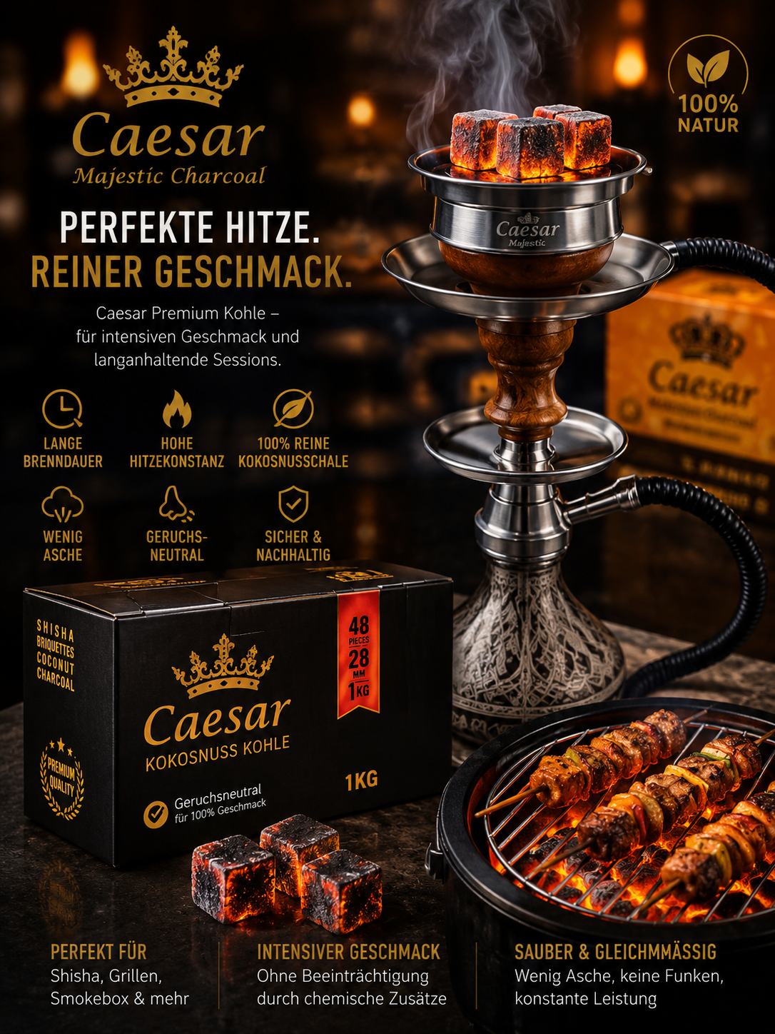 Caesar Premium Kokosnusskohle 28 mm – 1 Kg (48 Würfel)