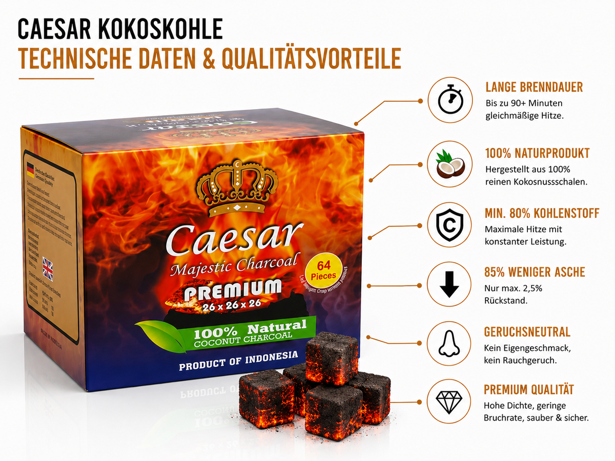 Caesar Premium Kokosnusskohle 26 mm – 1 KG (64 Würfel)