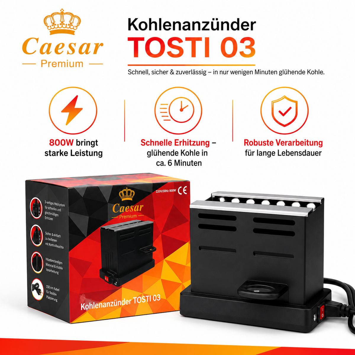 Caesar Premium Kohlenanzünder TOSTI 03 800W für Shisha Kohle