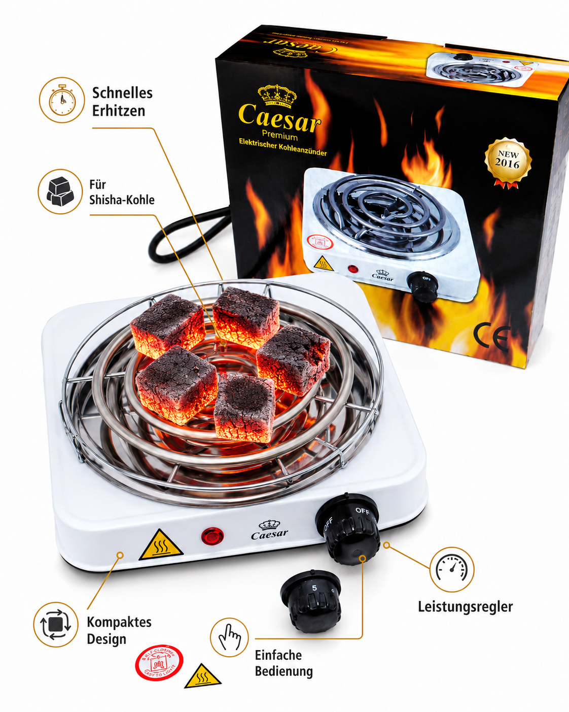 Caesar Premium Elektrischer Kohlenanzünder 5003 für Shisha Kohle
